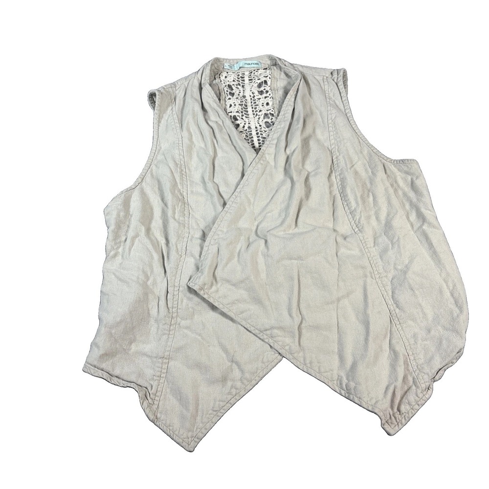 Maurices Womens Crochet Lace Back Draped Open Front Vest Top Tan Size L
